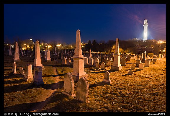 Cemetery and Pilgrim Monument at night, Provincetown. Cape Cod, Massachussets, USA
