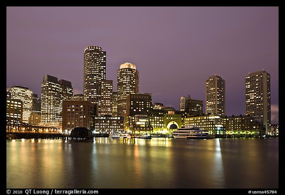 Financial district night skyline. Boston, Massachussets, USA