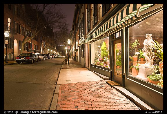 Flower shop by night, Beacon Hill. Boston, Massachussets, USA (color)