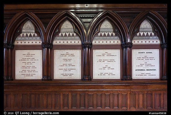 White marble tablets commemorating Civil War casualties, Memorial Hall, Harvard University, Cambridge. Boston, Massachussets, USA (color)