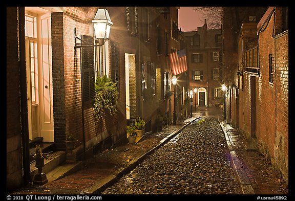 Picturesque cobblestone street on rainy night, Beacon Hill. Boston, Massachussets, USA