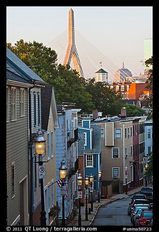 Steep stret on Breeds Hill, with bridge in background, Charlestown. Boston, Massachussets, USA (color)