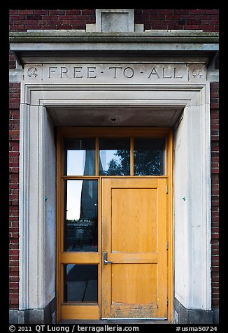 Bunker Hill library door, lintel inscribed free to all, Charlestown. Boston, Massachussets, USA (color)