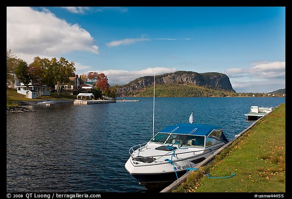 Moosehead Lake marina and  Mount Kineo. Maine, USA (color)