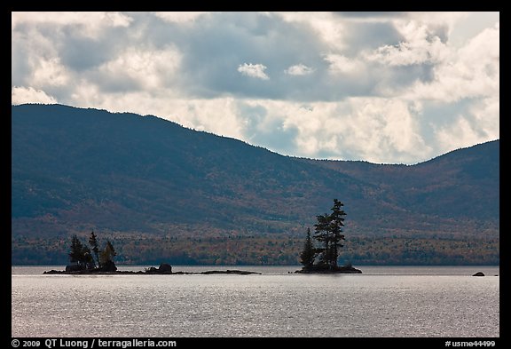 Islets with conifers, Moosehead Lake, Lily Bay State Park. Maine, USA (color)