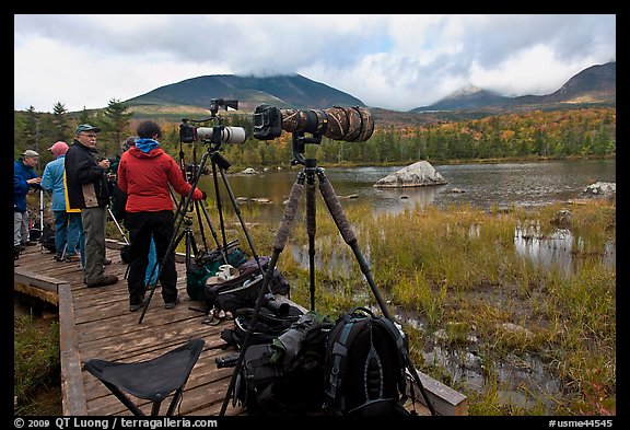 Cameras set up with telephoto lenses, Sandy Stream Pond. Baxter State Park, Maine, USA