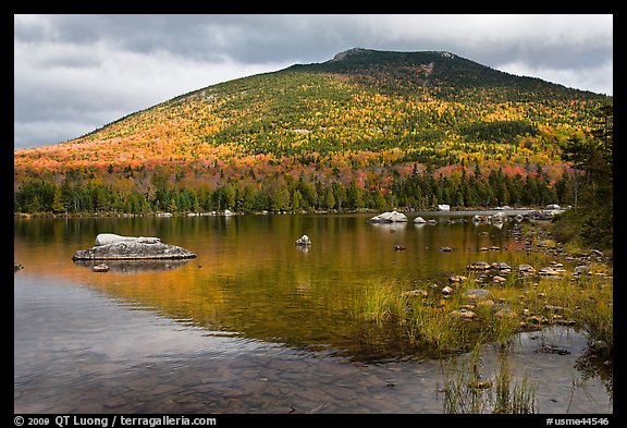 South Turner Mountain reflected in Sandy Stream Pond in autumn. Baxter State Park, Maine, USA (color)