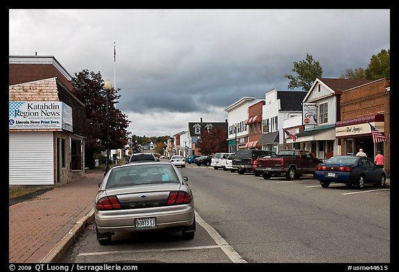 Street and stores, Millinocket. Maine, USA (color)
