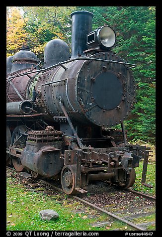 Nose of rusting steam locomotive. Allagash Wilderness Waterway, Maine, USA (color)