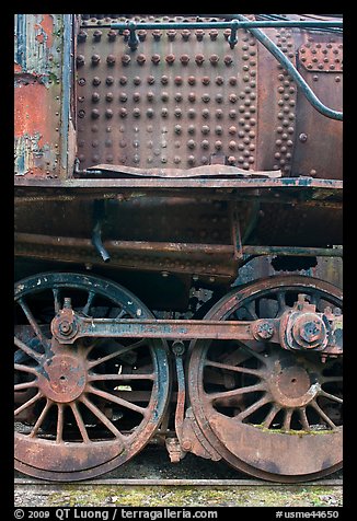 Close-up of rusting locomotive. Allagash Wilderness Waterway, Maine, USA