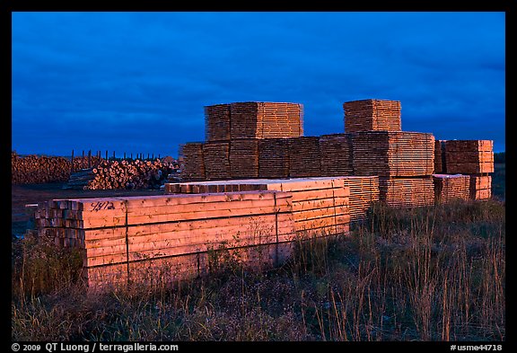 Stacks of finished lumber at dusk,  Ashland. Maine, USA (color)