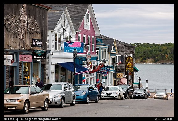 Street, Frenchman Bay and Bar Island. Bar Harbor, Maine, USA (color)