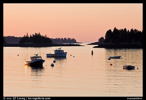 Boats and Penobscot Bay islets, sunrise. Stonington, Maine, USA (color)