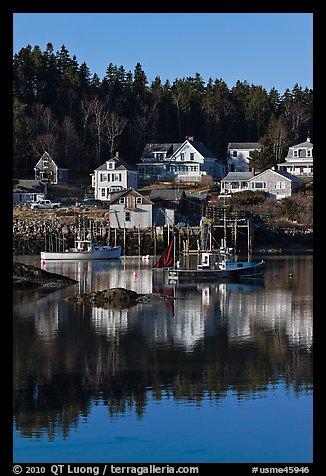 Harbor and houses, morning. Stonington, Maine, USA (color)