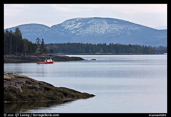 Frenchman Bay with snow-covered Cadillac Mountain in winter. Maine, USA