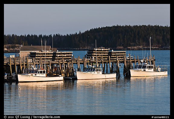 Lobster boats and wharf. Stonington, Maine, USA (color)