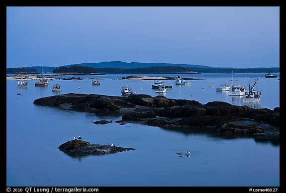 Harbor and Penobscott Bay islands at dusk. Stonington, Maine, USA