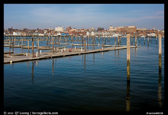 Harbor decks and Portland skyline. Portland, Maine, USA