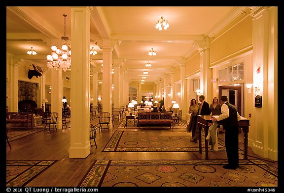 Guests entering Mount Washington hotel, Bretton Woods. New Hampshire, USA (color)