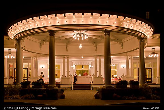 Entrance at night, Mount Washington resort, Bretton Woods. New Hampshire, USA