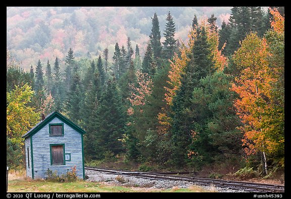 Shack and railway tracks in the fall, White Mountain National Forest. New Hampshire, USA (color)