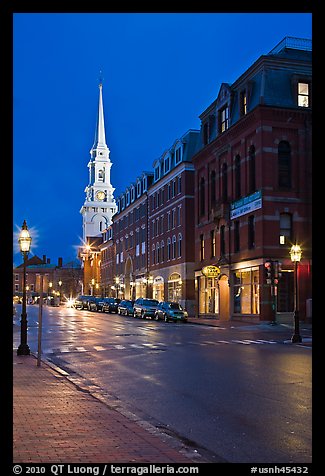 White-steepled Church and street with brick buildings by night. Portsmouth, New Hampshire, USA