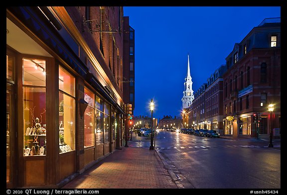 Congress Street and church by night. Portsmouth, New Hampshire, USA