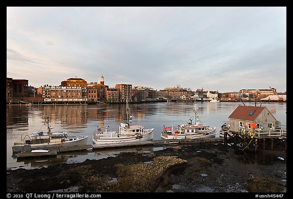Boats, river, and skyline, early morning. Portsmouth, New Hampshire, USA (color)