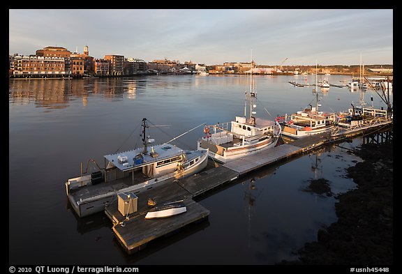 Deck, fishing boats, and river. Portsmouth, New Hampshire, USA
