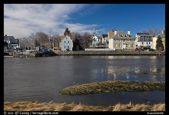 Waterfront with houses and church. Portsmouth, New Hampshire, USA