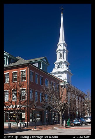 Street and white steepled church. Portsmouth, New Hampshire, USA