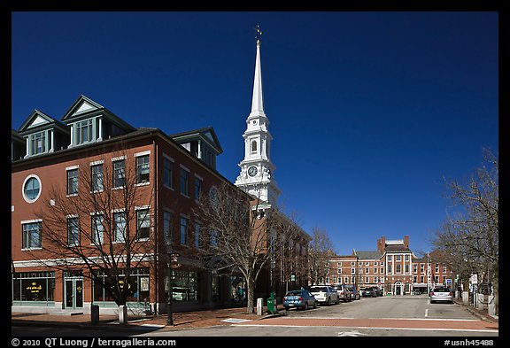 Downtown view with street and church. Portsmouth, New Hampshire, USA