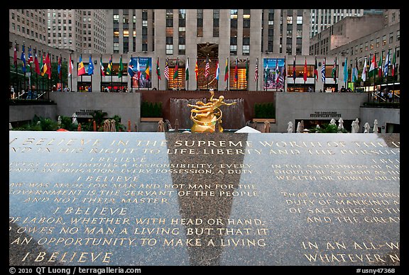 Plaque with the credo of John D Rockefeller, Rockefeller Plaza. NYC, New York, USA (color)