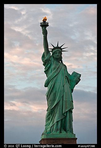 Statue of Liberty with lit torch, Statue of Liberty National Monument. NYC, New York, USA (color)