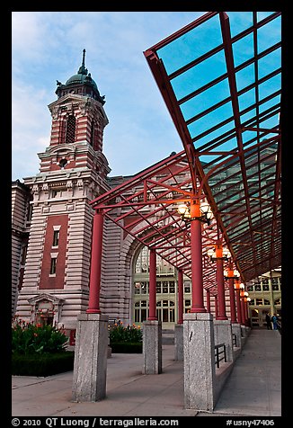 Entrance to Main Building, Ellis Island. NYC, New York, USA (color)