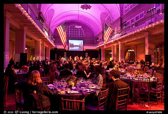 Gala dinner inside Main Building, Ellis Island. NYC, New York, USA (color)