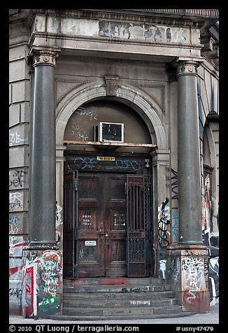 Door of old building on Bowery. NYC, New York, USA
