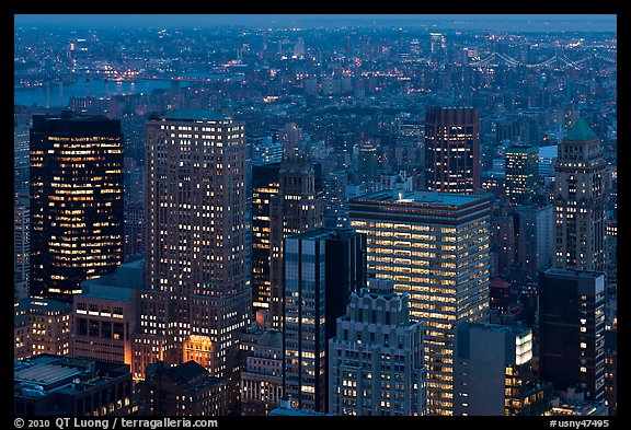 Manhattan towers at dusk from above. NYC, New York, USA