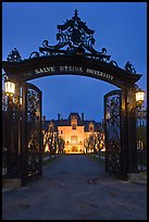 Entrance gate and Salve Regina University at night. Newport, Rhode Island, USA (color)