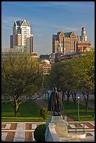 Statue of State House grounds and downtown buildings. Providence, Rhode Island, USA