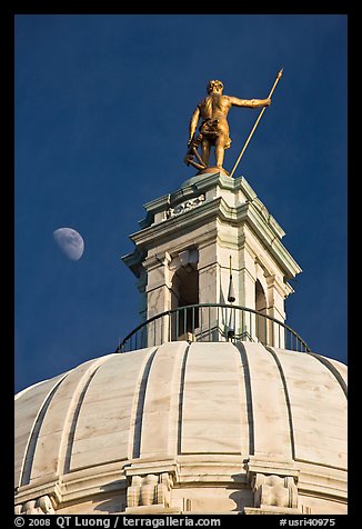 Moon, Dome and gold-covered bronze statue of Independent Man. Providence, Rhode Island, USA (color)