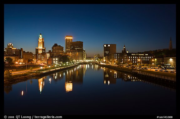 Downtown Providence reflected in Seekonk river at night. Providence, Rhode Island, USA