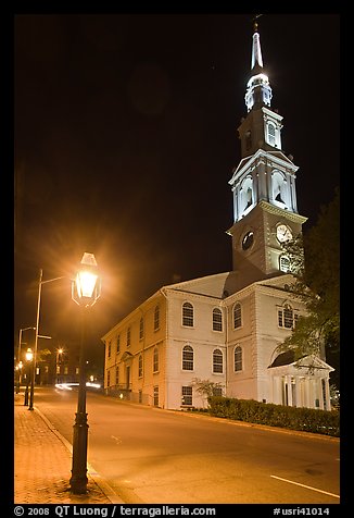 White-steppled Church and lamp at night. Providence, Rhode Island, USA (color)