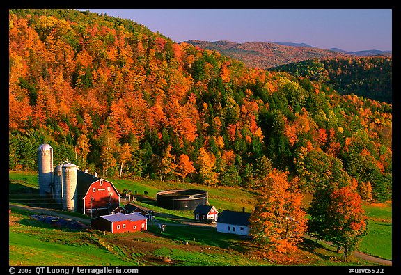 Farm surrounded by hills in fall foliage. Vermont, New England, USA