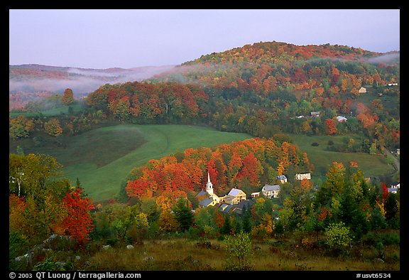 East Corinth village in fall, morning. Vermont, New England, USA (color)