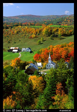Church and farm,  East Corinth. Vermont, New England, USA (color)