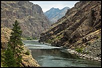 High cliffs above free-flowing part of Snake River. Hells Canyon National Recreation Area, Idaho and Oregon, USA