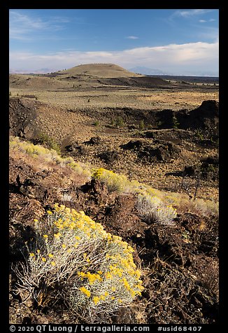 Sagebrush in bloom and Crescent Butte from Echo Crater. Craters of the Moon National Monument and Preserve, Idaho, USA (color)