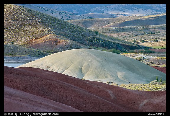 Bare ash mounds and sagebrush-covered slopes. John Day Fossils Bed National Monument, Oregon, USA