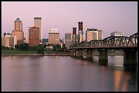 Skyline and Hawthorne Bridge, dawn. Portland, Oregon, USA (color)